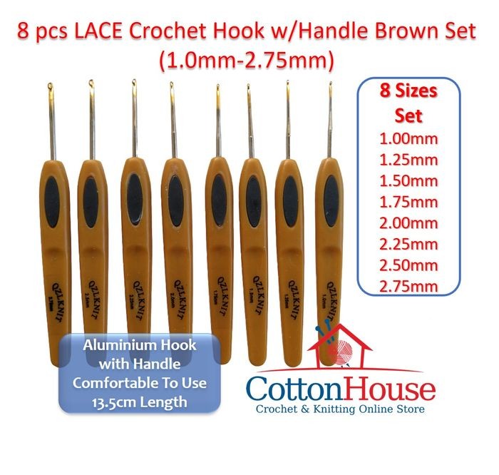 8 pcs LACE Crochet Hook w/Handle Brown Set (1.0mm-2.75mm)