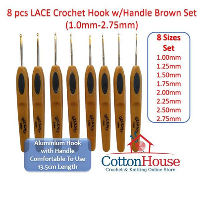 8 pcs LACE Crochet Hook w/Handle Brown Set (1.0mm-2.75mm)